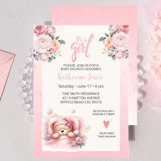 Invitación Chicas Cute el Oso Dormido Floral Baby Shower