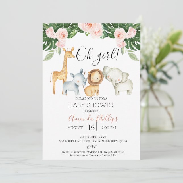 Invitación Chicas Cute Floral Safari Animales Baby Shower (Anverso de pie)