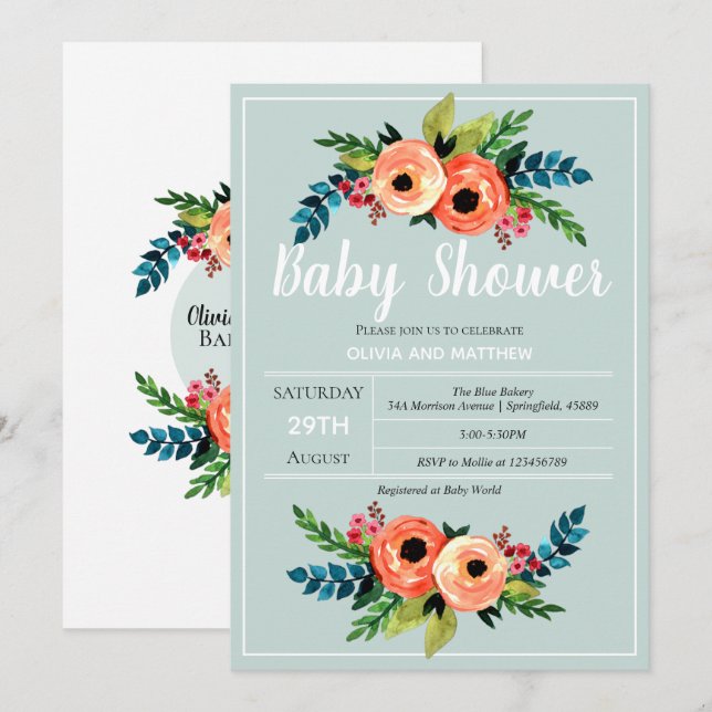 Invitación Chicas Cute Flores Botánicas Florales Baby Shower (Anverso / Reverso)
