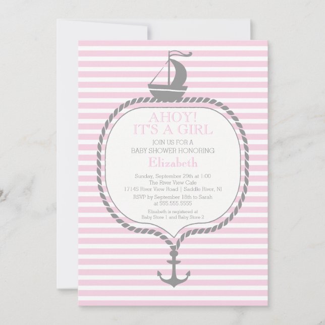 Invitación CHICAS CUTE Nautical Stripe Pink Anchor Baby Showe (Anverso)