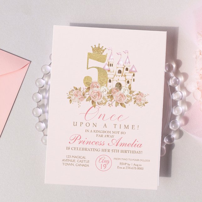 Invitación Chicas Cute Oro Rosa Niños Castillo Quinto Cumplea (Subido por el creador)
