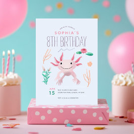 Invitación Chicas Cute Pink Kawaii Axolotl 8 cumpleaños