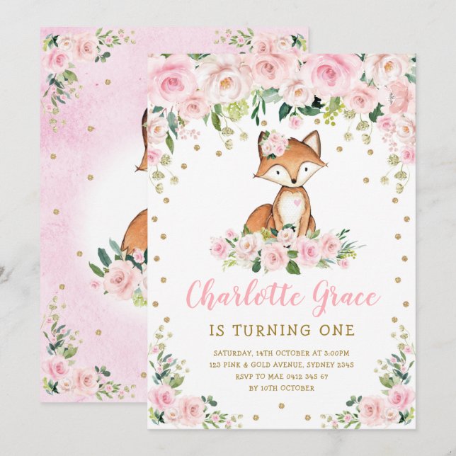 Invitación Chicas Cute Pink Rubor Floral Woodland Fox Cumplea (Anverso / Reverso)