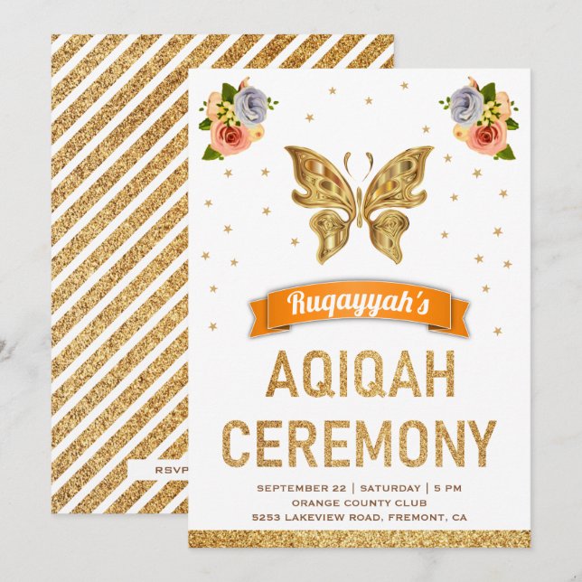 Invitación Chicas Cute Sweet Floral Gold Butterfly Aqiqah (Anverso / Reverso)