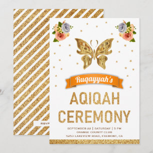 Invitación Chicas Cute Sweet Floral Gold Butterfly Aqiqah