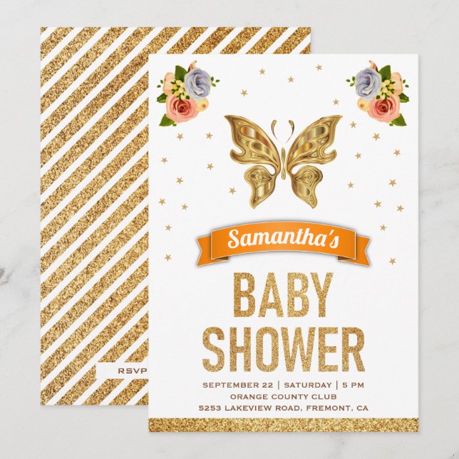 Invitación Chicas Cute Sweet Floral Gold Butterfly Baby Showe (Anverso / Reverso)