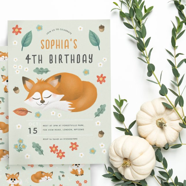 Invitación Chicas Cute Woodland Forest Fox cuarto cumpleaños (Subido por el creador)