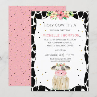 Invitación Chicas Cutos Santa Vaca Fiesta de Cumpleaños Flora