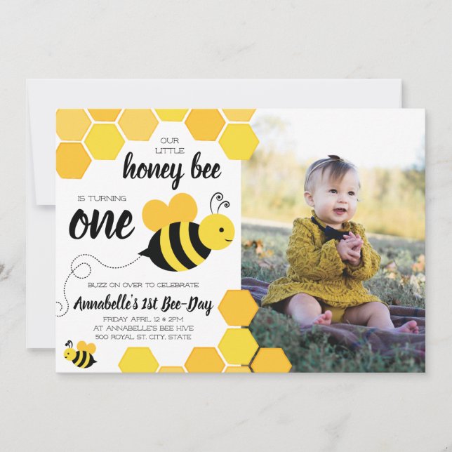 Invitación Chicas de Abejas de Miel Foto de Cumpleaños Primer (Anverso)