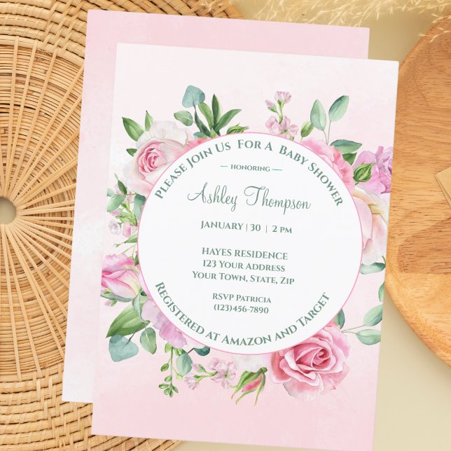 Invitación Chicas de acuarela rosa floral Baby Shower (Subido por el creador)