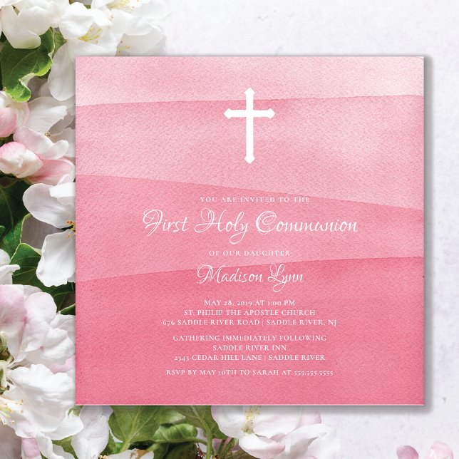 Invitación Chicas de acuarela rosa primero comunión sagrada (Subido por el creador)