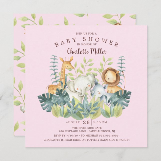 Invitación Chicas de animales de la jungla Baby Shower (Anverso / Reverso)