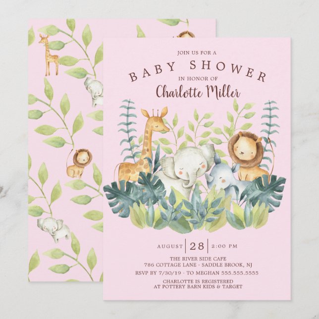Invitación Chicas de animales de la jungla Baby Shower (Anverso / Reverso)