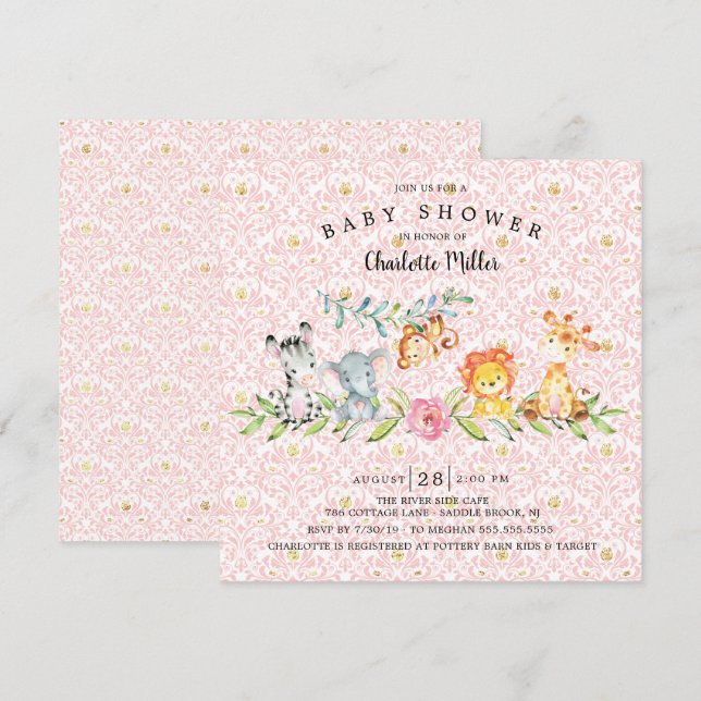 Invitación Chicas de Animales Dulces Safari Baby Shower (Anverso / Reverso)