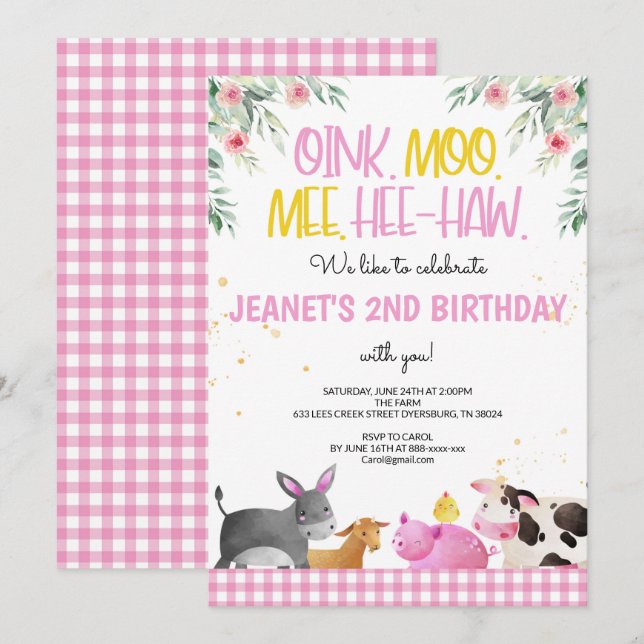 Invitación Chicas de Animales Pink Gingham Farm Birthday Barn (Anverso / Reverso)
