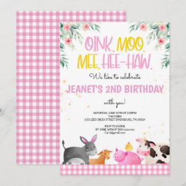 Invitación Chicas de Animales Pink Gingham Farm Birthday Barn