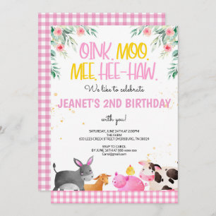Invitación Chicas de Animales Pink Gingham Farm Birthday Barn