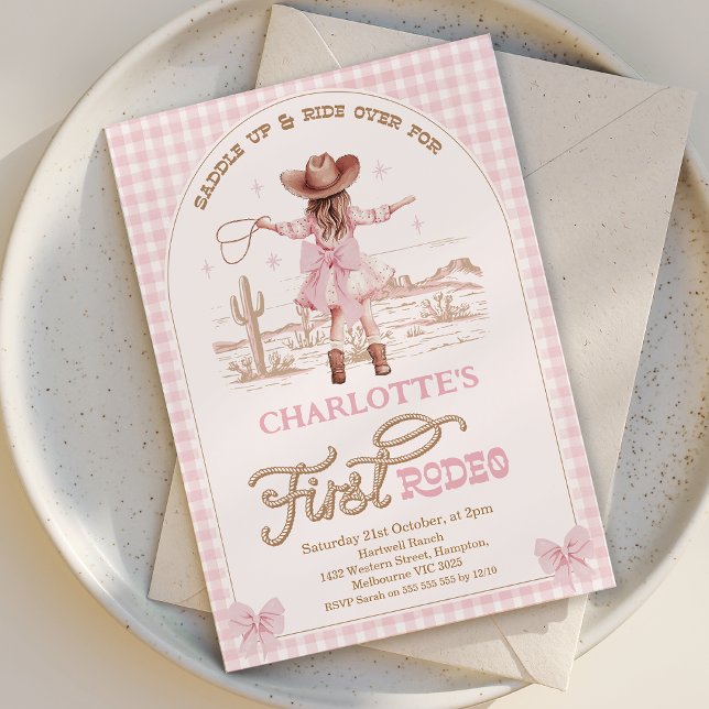 Invitación Chicas de arcos rosados en primer rodeo primer cum (First Rodeo Birthday Invitation Template, Cowgirl  1st Birthday Invite, Rodeo 1st Birthday Girl)