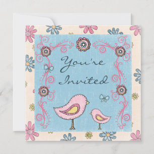 Invitación Chicas de Aves y Flores Cutas Invitan a Baby Showe