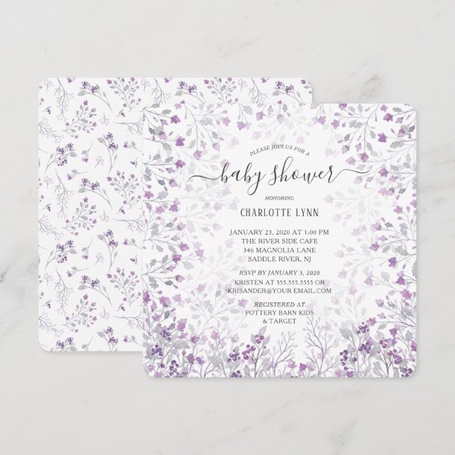 Invitación Chicas de Baby Shower de las flores de color morad (Anverso / Reverso)