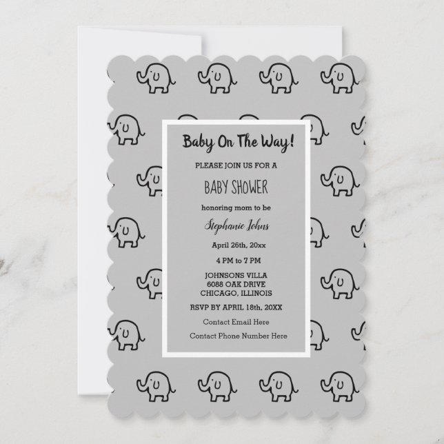 Invitación Chicas de Baby Shower Patrones de elefantes Gris (Anverso)