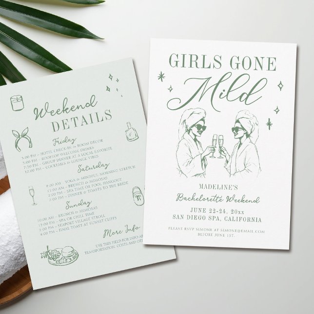 Invitación Chicas de bachillerato se fueron a un tinerario ve (girls gone mild invitation bachelorette weekend itinerary sage green spa hand drawn)