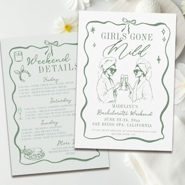 Invitación Chicas de bachillerato se fueron de un suave invie (girls gone mild invitation bachelorette weekend itinerary sage green spa bow frame)