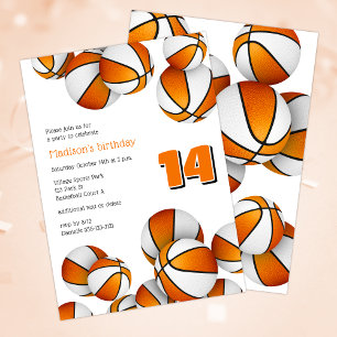 Invitación chicas de baloncesto blanco naranja cumpleaños