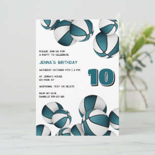 Invitación chicas de baloncesto blanco verde azulado cumpleañ