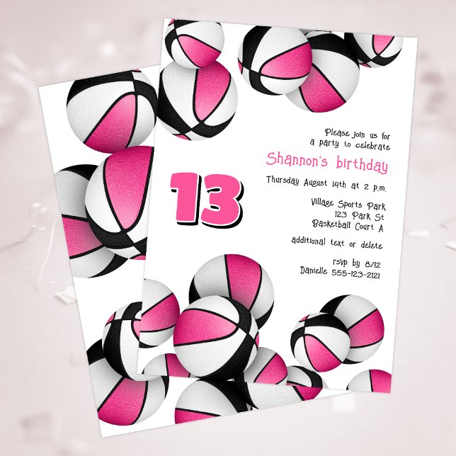 Invitación chicas de baloncesto negro rosa cumpleaños deporti (Subido por el creador)