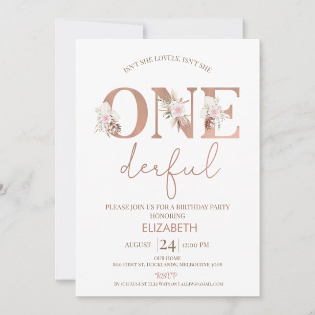 Invitación Chicas de Boho Floral Maravilloso primer cumpleaño (Anverso)