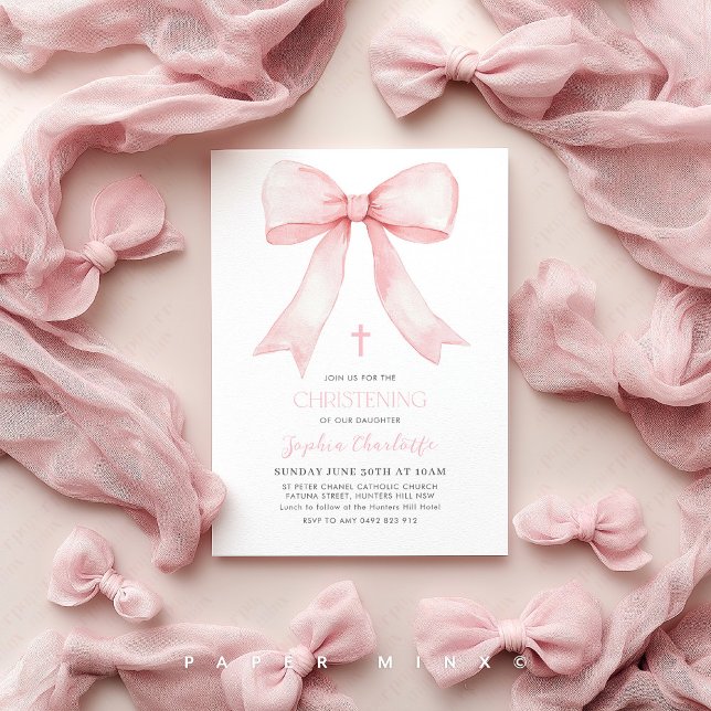 Invitación Chicas de Bow Rosado Christening Coquette (Pink Bow Christening Invitation | Girls Coquette Baptism Invitation)