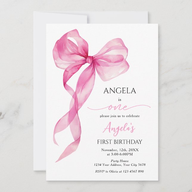 Invitación Chicas de Bow Rosado Primer Cumpleaños (Anverso)
