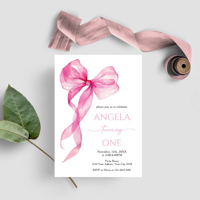 Invitación Chicas de Bow Rosado Primer Cumpleaños (Subido por el creador)