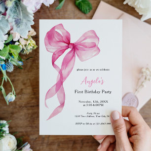 Invitación Chicas de Bow Rosado Primer Cumpleaños