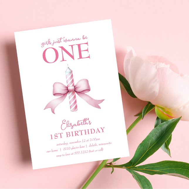 Invitación Chicas De Bow Rosado Quieren Ser Un Primer Cumplea (Pink Bow Girls Just Wanna Be One 1st Birthday Invitation)