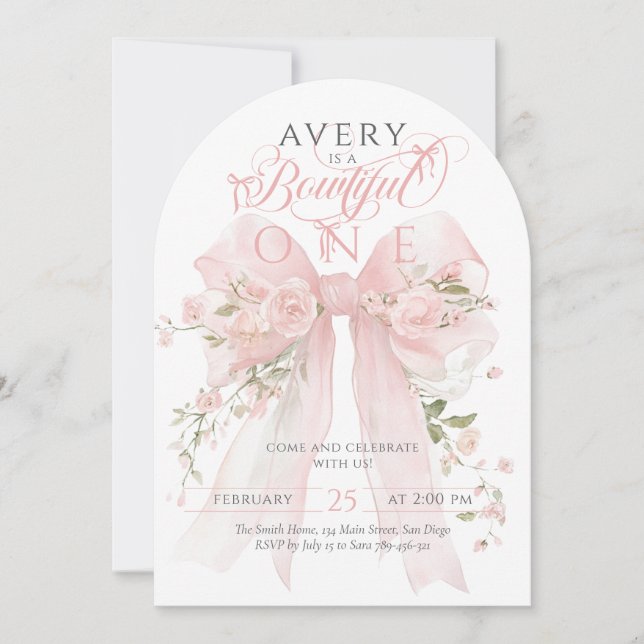 Invitación Chicas de Bowtiful One First Birthday Floral Bow (Anverso)