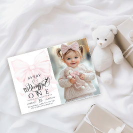 Invitación Chicas de Bowtiful One First Birthday Pink Bow Fot