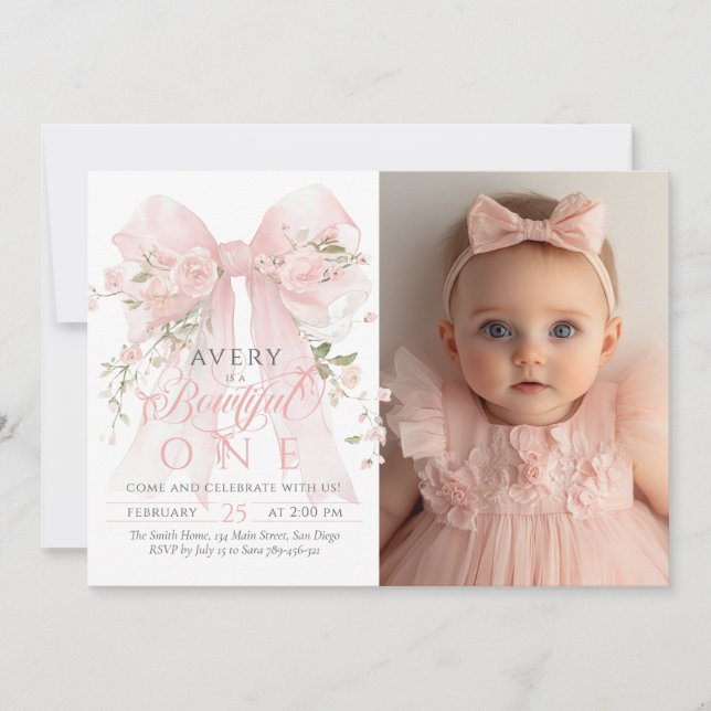 Invitación Chicas de Bowtiful One Photo First Birthday Floral (Anverso)