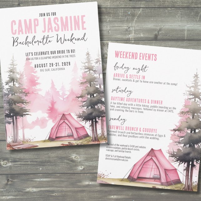 Invitación Chicas de Campamento Fin de Semana Despedida de So (Pink Girls Weekend Camp Bachelorette Party Invitation)