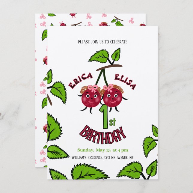 Invitación Chicas de cerezas gemelas (Anverso / Reverso)