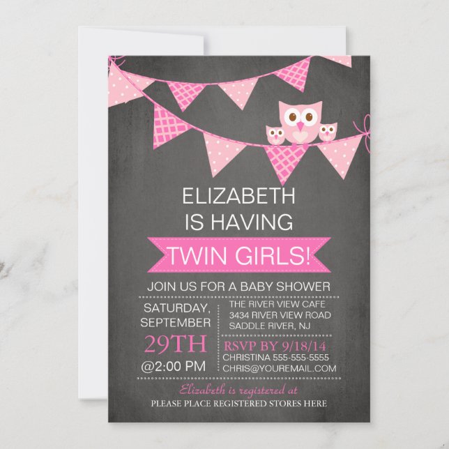 Invitación Chicas de Chalkboard Bunting Owl TWIN Baby Shower (Anverso)
