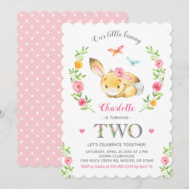 Invitación Chicas de conejo floral cute 2da fiesta de cumplea (Anverso / Reverso)