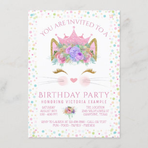 Invitación Chicas de Confeti de Gatito Cumpleaños Fiesta de c
