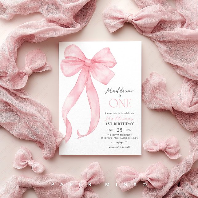 Invitación Chicas de Coquette de Bow Rosado (Pink Bow 1st Birthday Invitation | Girl's First Birthday Coquette Invitation | Pink Bow Party)