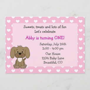 Invitación Chicas de Corazón y Perro Cachorro Rosa Primer Cum