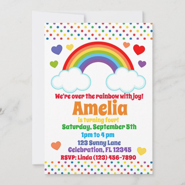 Invitación Chicas de corazones y puntos arcoiris Cumpleaños (Anverso)
