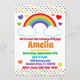 Invitación Chicas de corazones y puntos arcoiris Cumpleaños