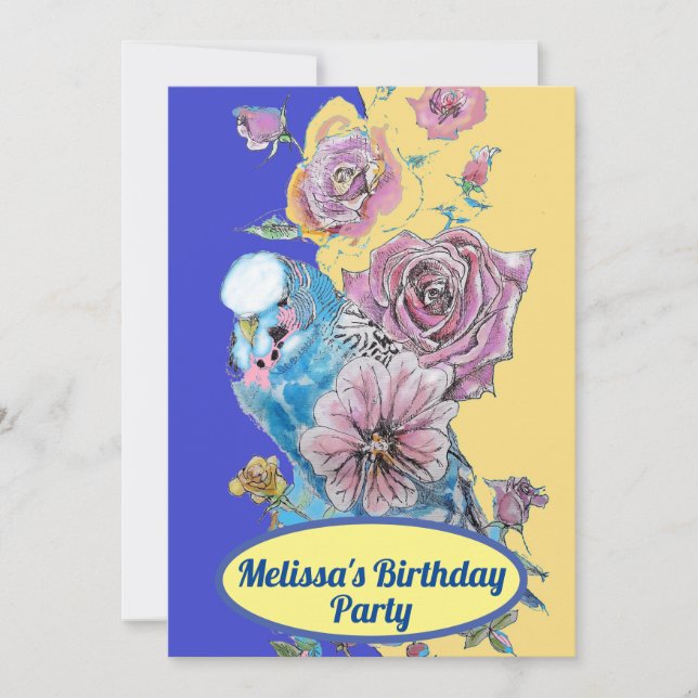 Invitación Chicas de cumpleaños Budgie Blue Bird Flores de ro (Anverso)