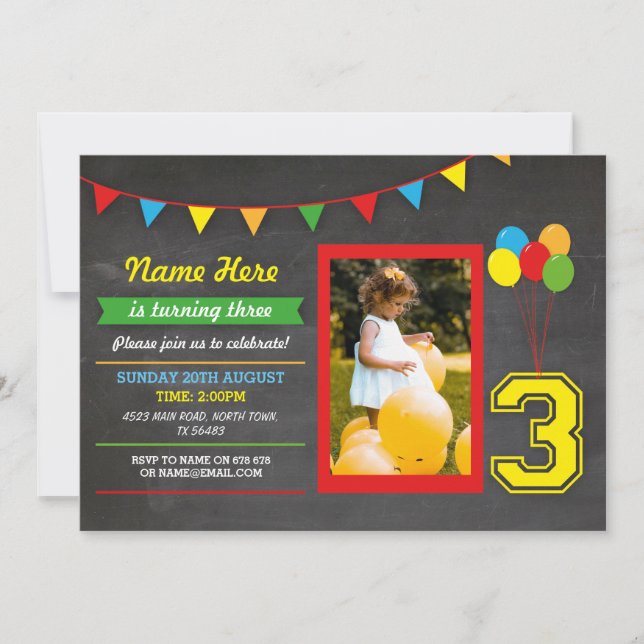 Invitación Chicas de cumpleaños de color primarios Niños 3ª f (Anverso)